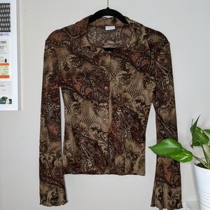 90s Style Brown and Tan Paisley Blouse